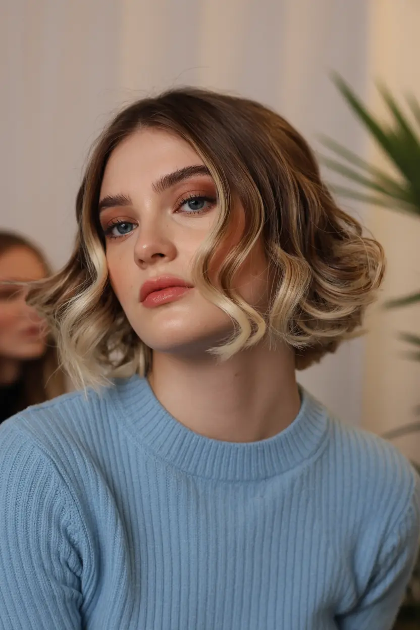 12.angled brunette bob with tousled curls