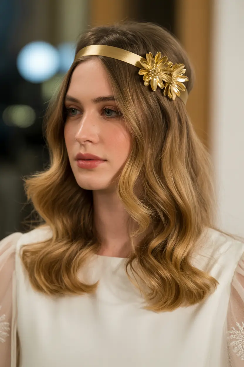 12.loose waves with golden headbands