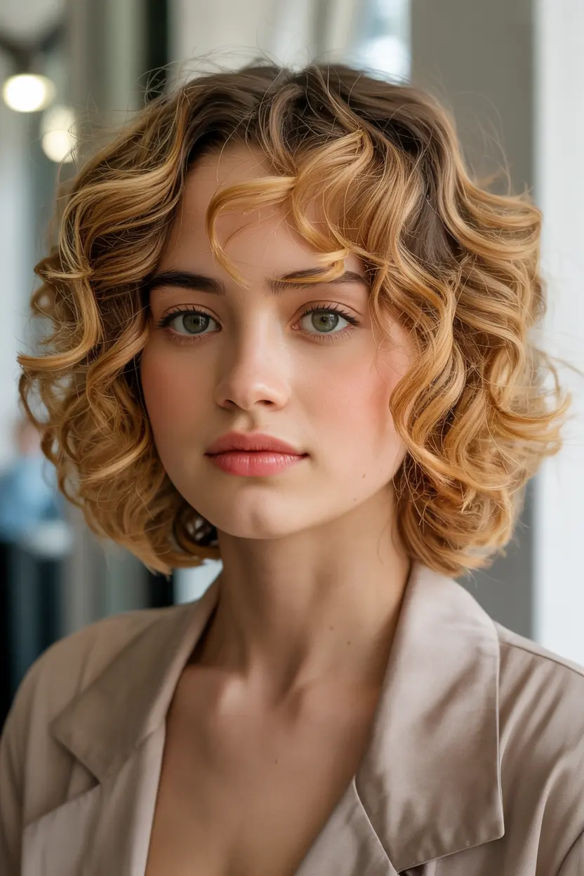 13.jaw length curly brown bob with brown highlights