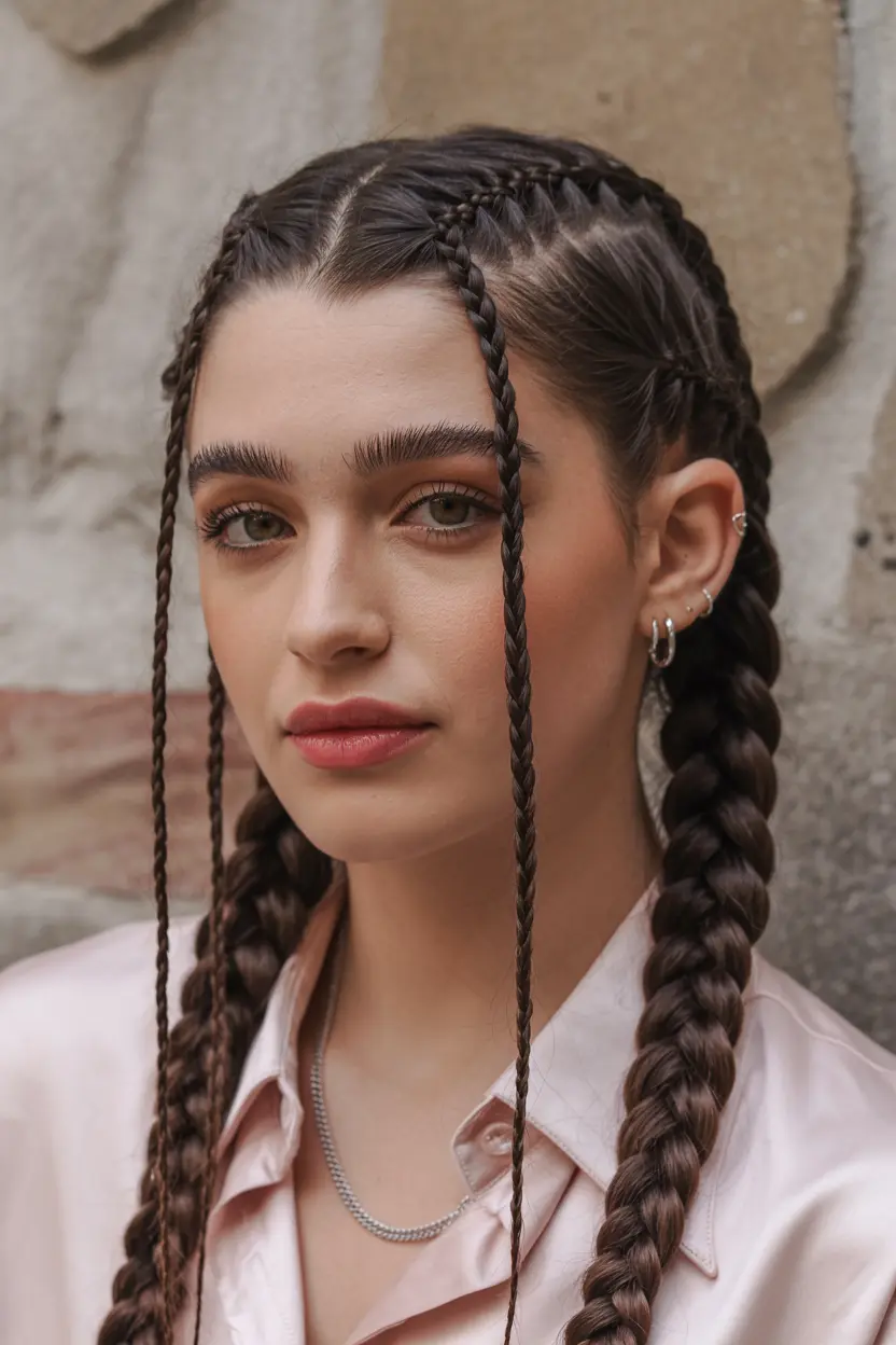 16. french braid pigtails with scalp design