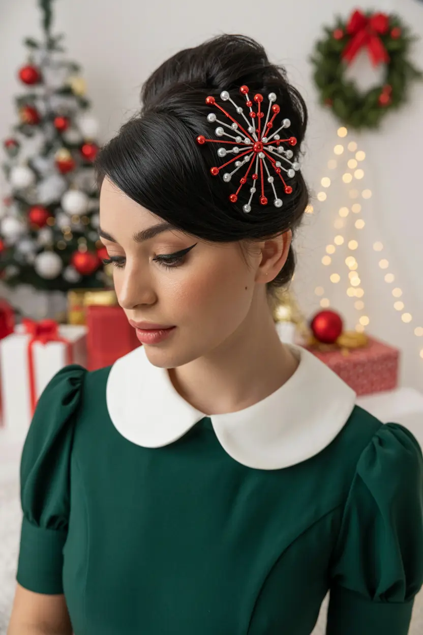 16. sleek high puff with christmas hairpins