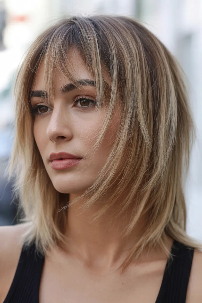 18.tousled lob with bangs