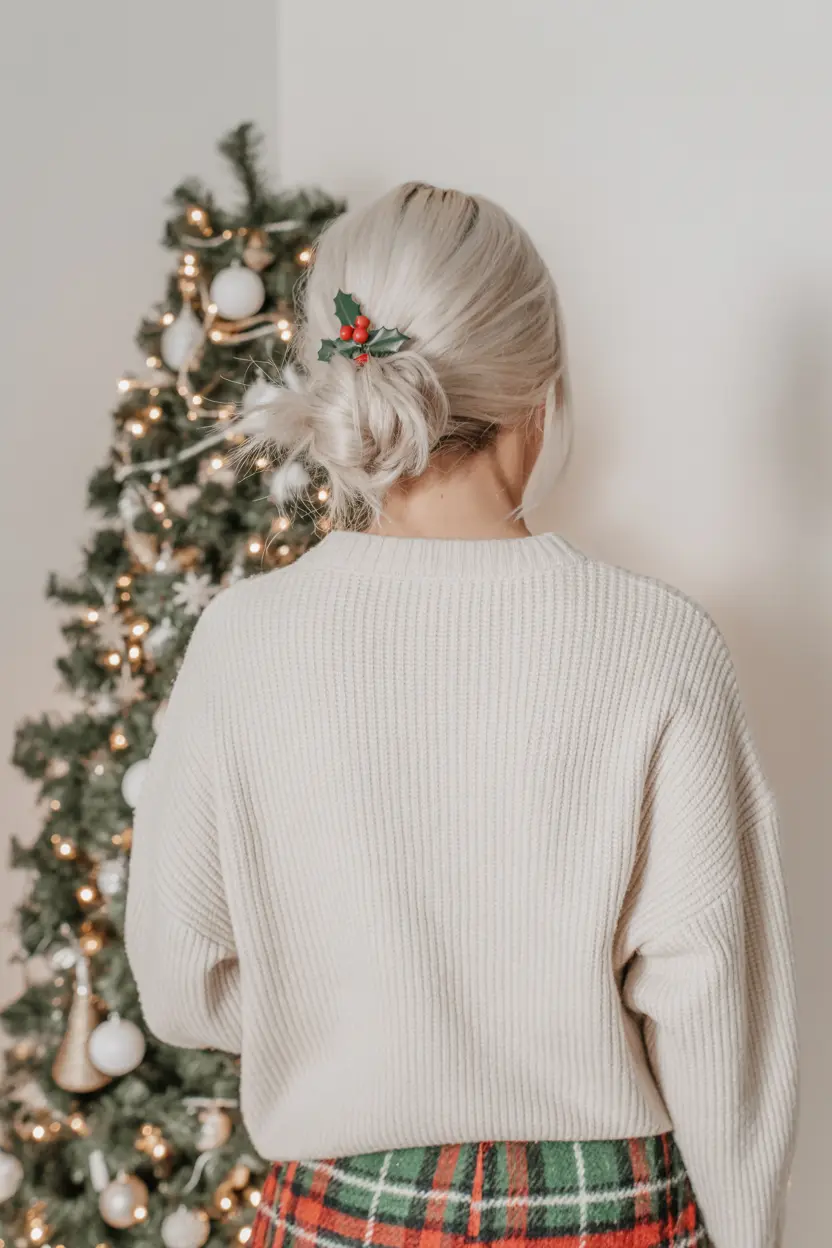 19.relaxed bun with holly berry pins