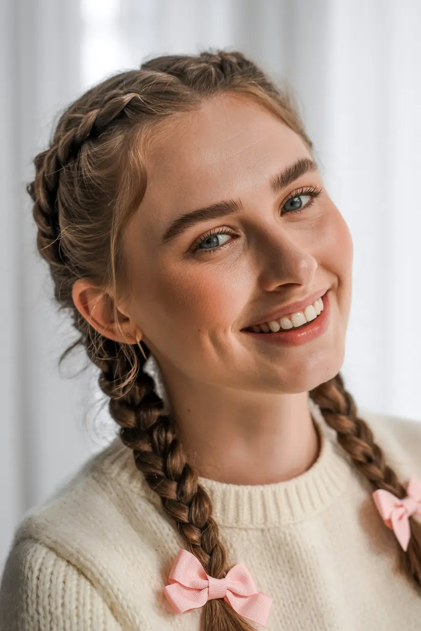 21.french braid pigtails with brunette