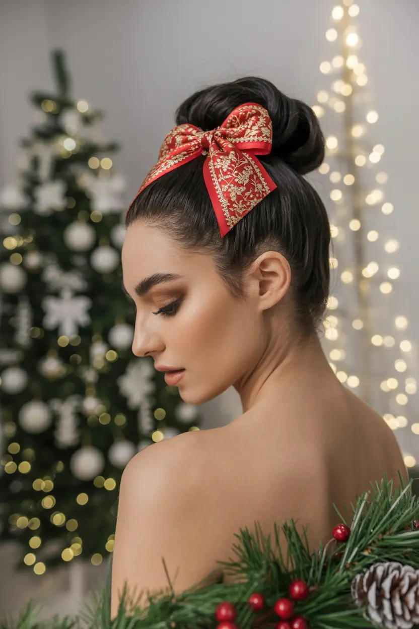 21.sleek bun with festive bow