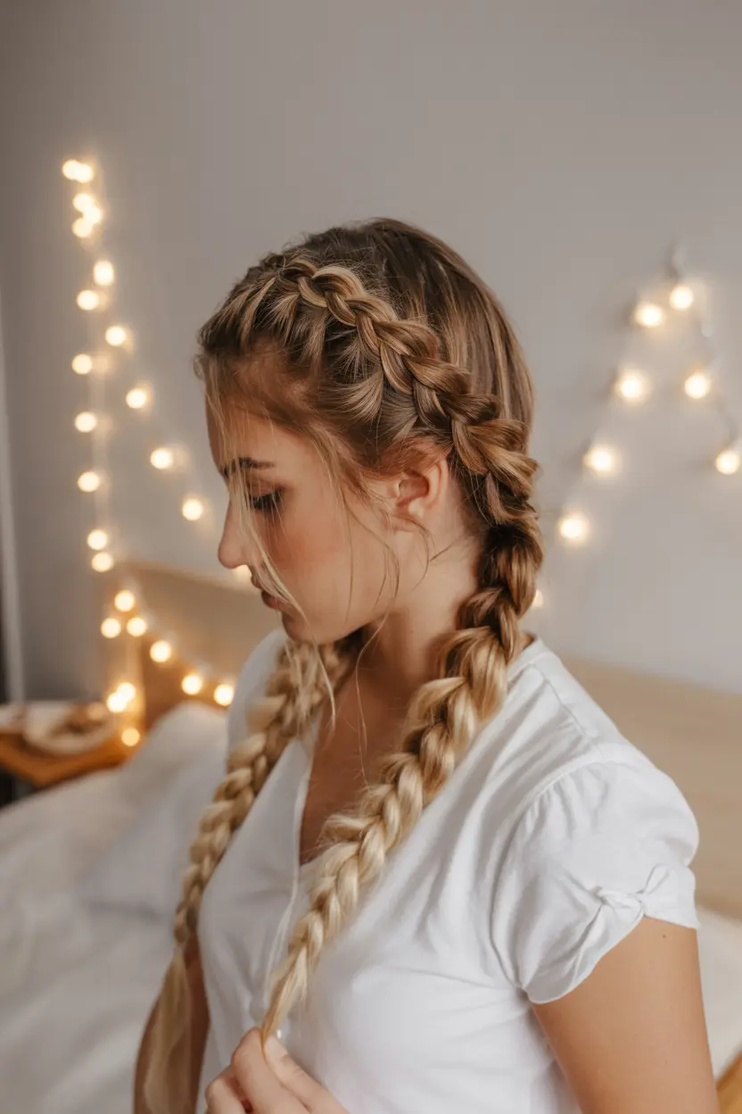 22.braided crown half up pigtails