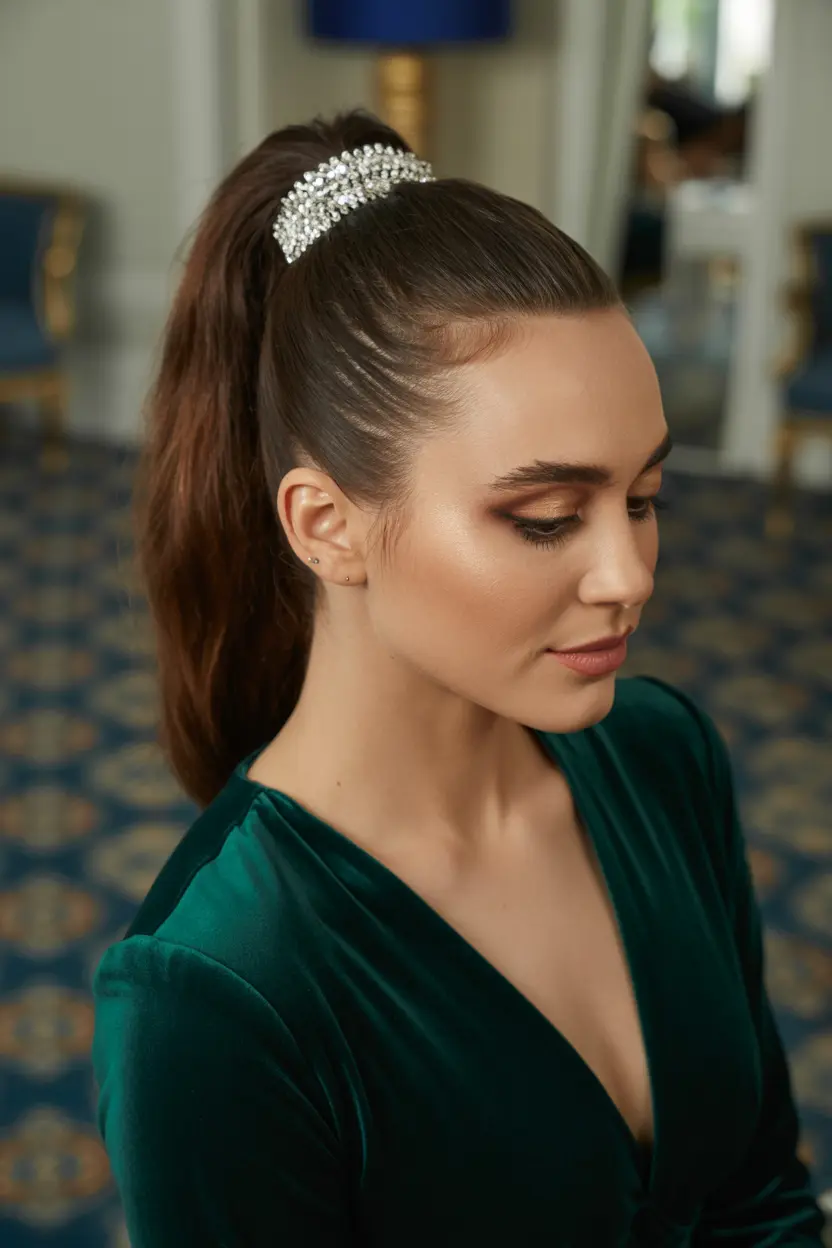 22.glossy ponytail with rhinstonw tie