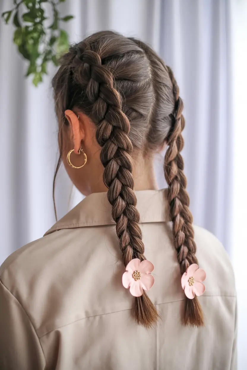 25.french braid pigtials with flower clips