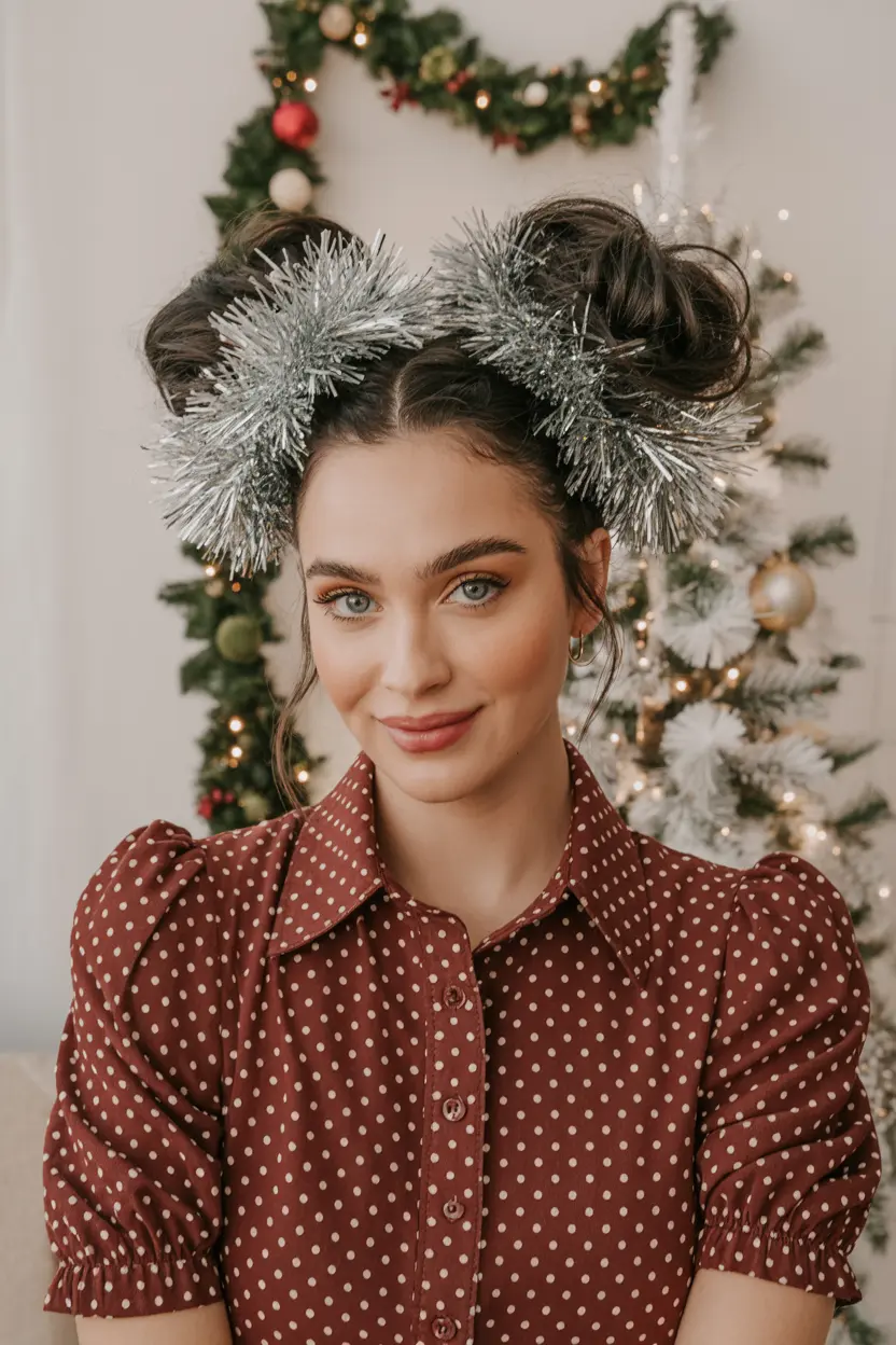 26.double buns with tinsel accents