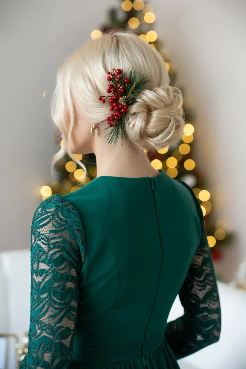 26.twisted low bun with holiday florals
