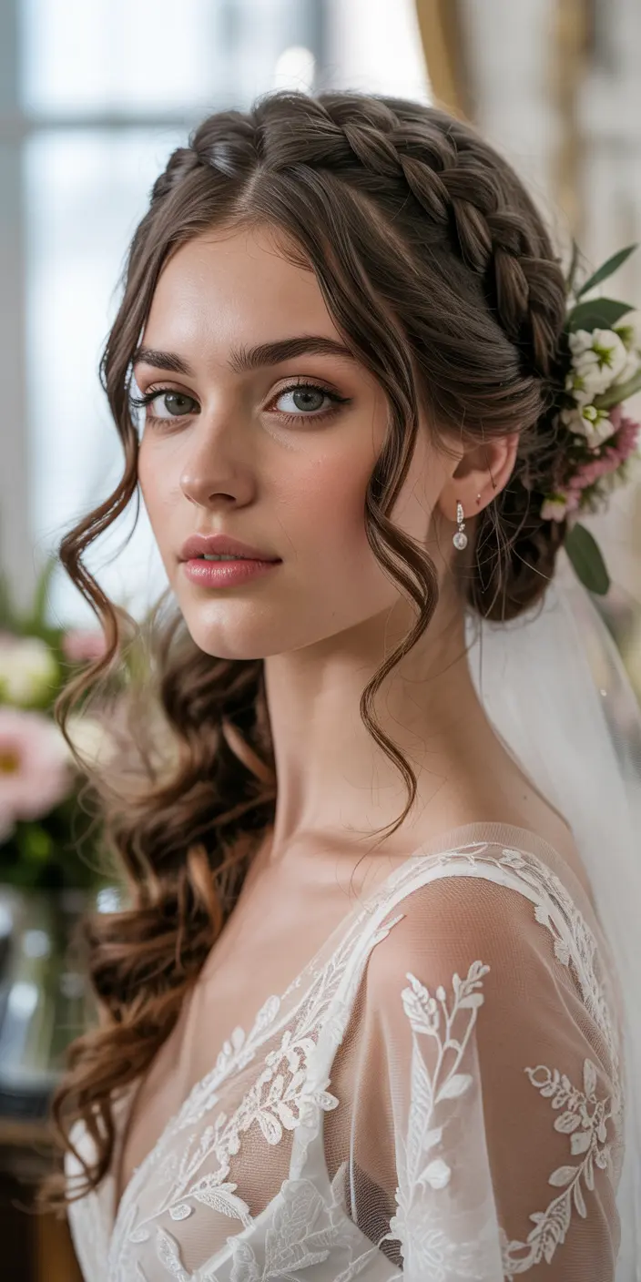 3.braided crown updo with veil