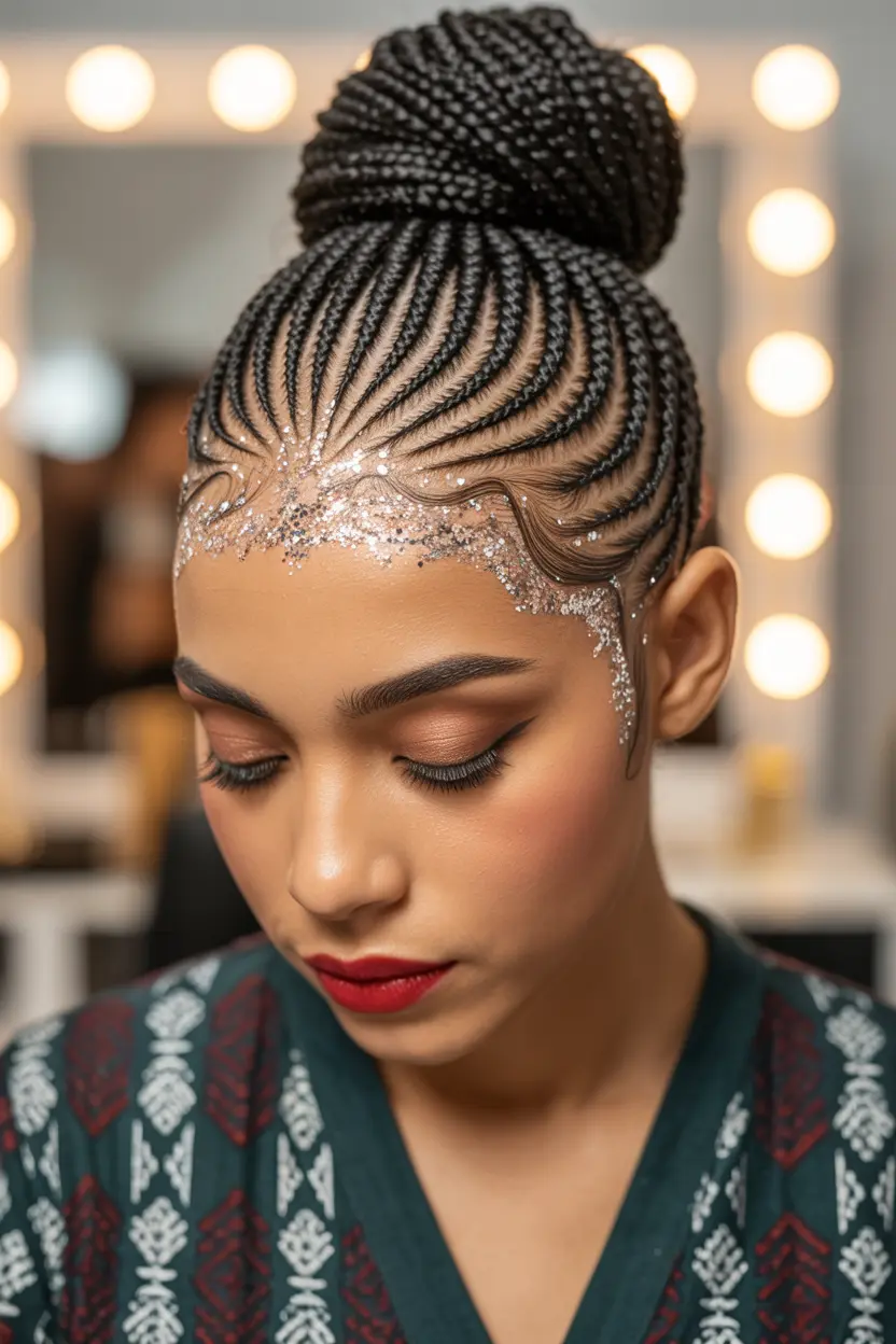 30.braided pretzel bun with glittery