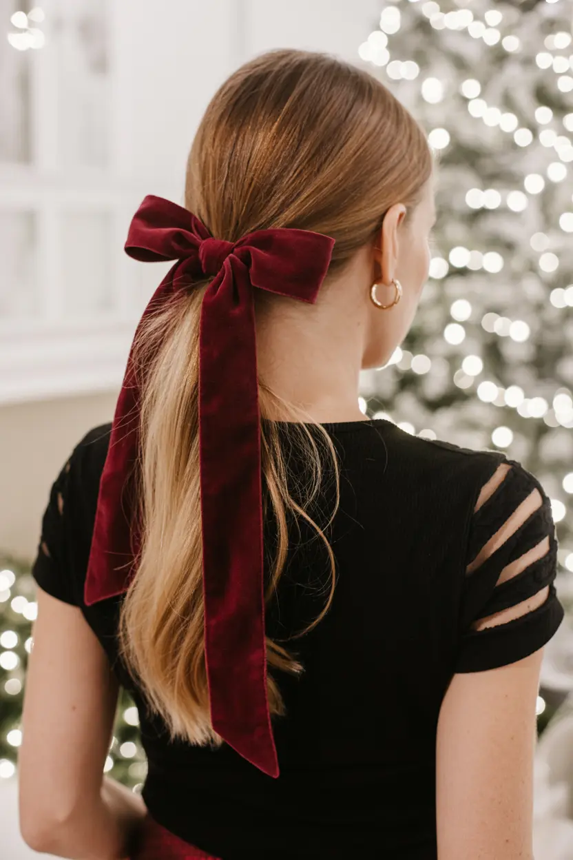 30.sleek and chic ponytail with a velvet tie