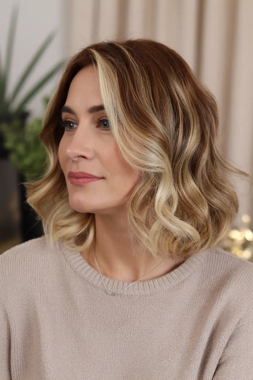 32.honey brown balayage on a mid length cut