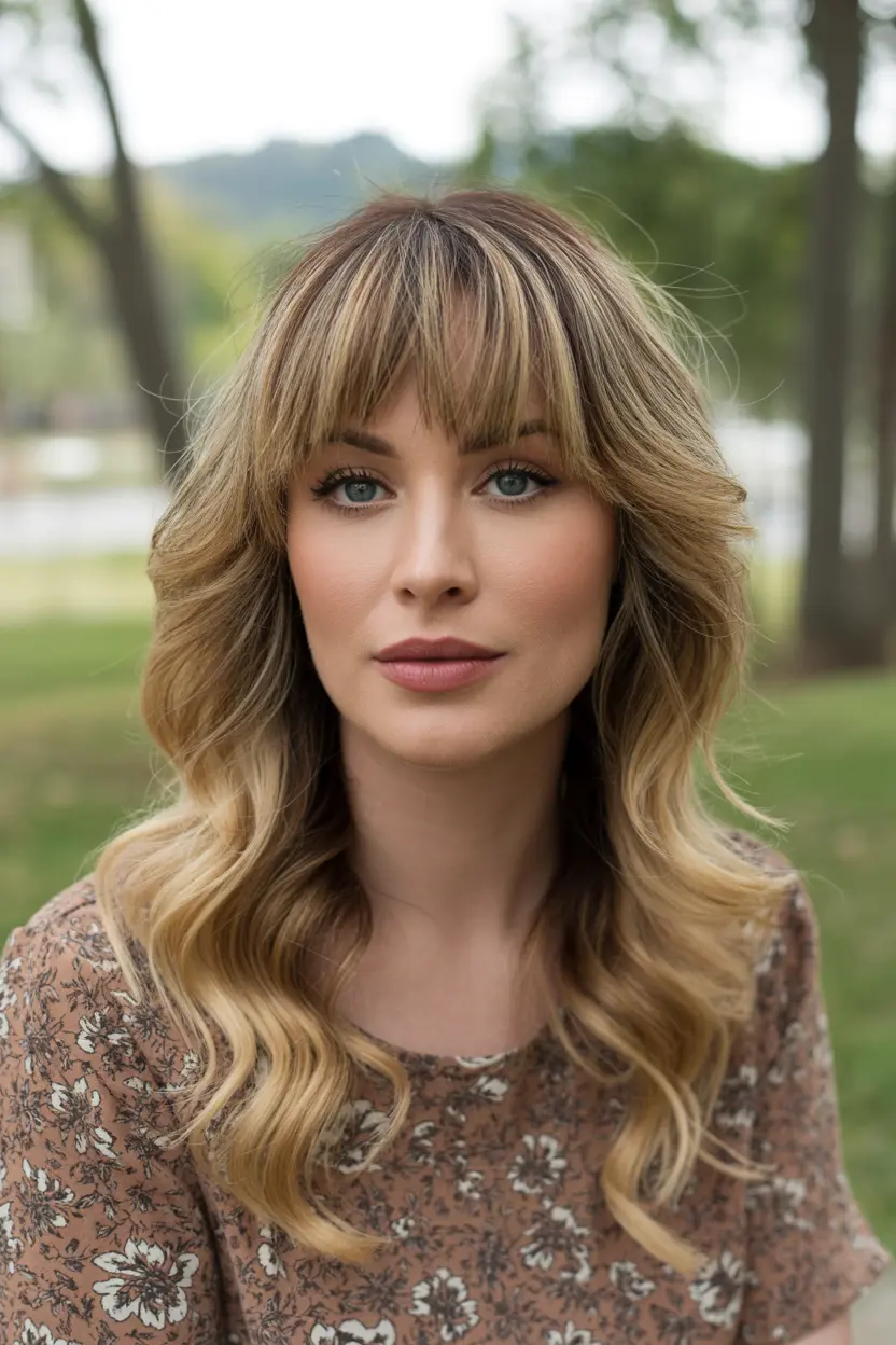 34.golden sandy blonde waves with bangs