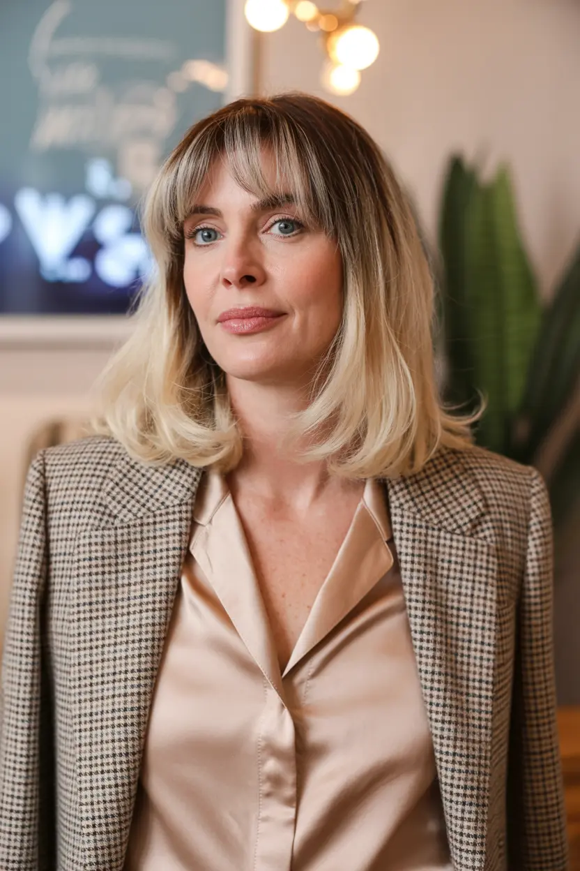 36.blonde balayage with full bangs