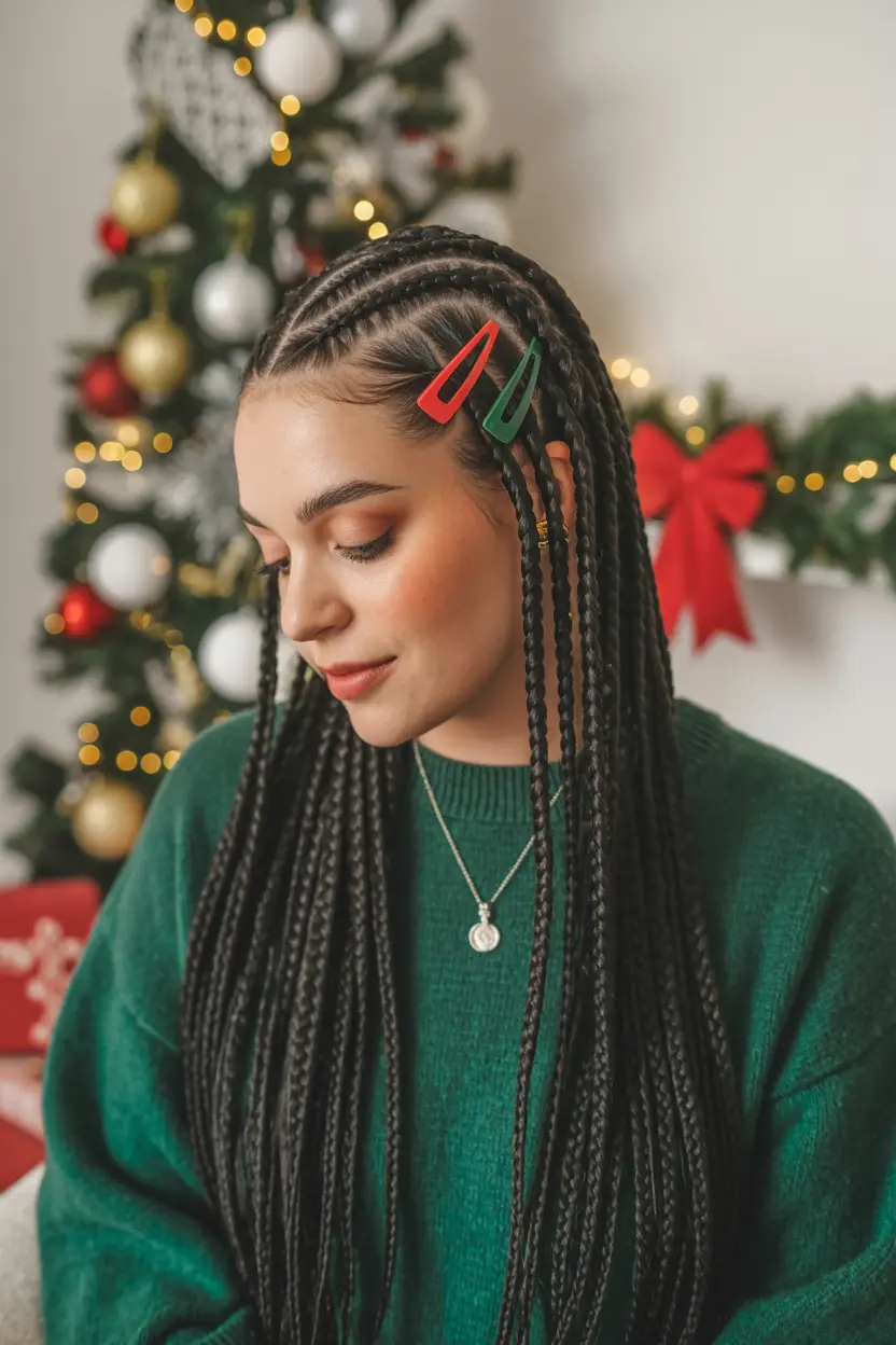 38.waterfall braids with red and green clips