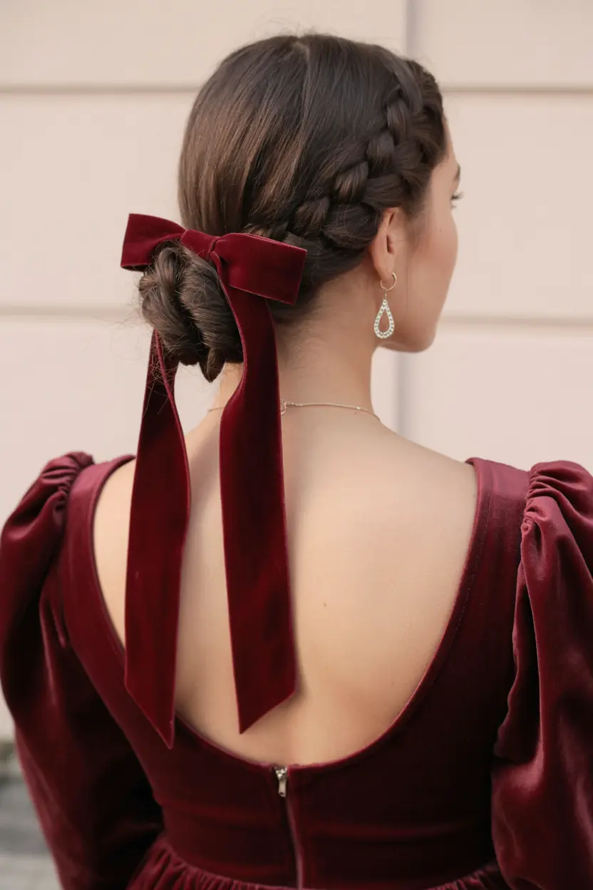 4.low bun with red velvet ribbon