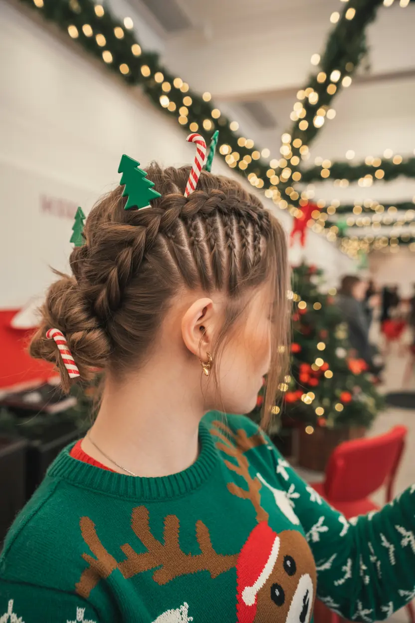 40. braided mohawk with holiday ornaments