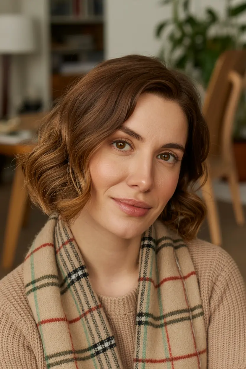 40.nape length brown bob with piecey curls