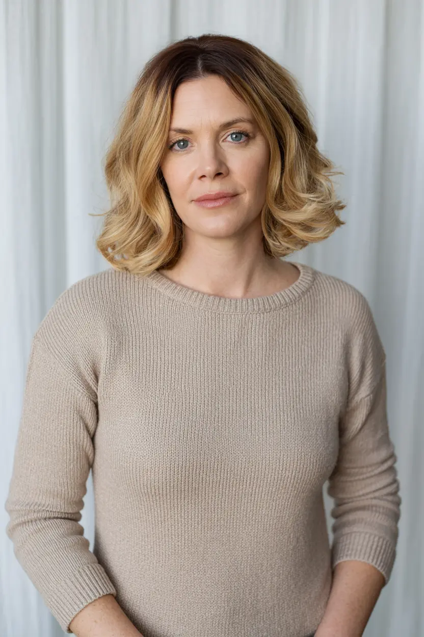 40.shoulder length blonde balayage with a middle part