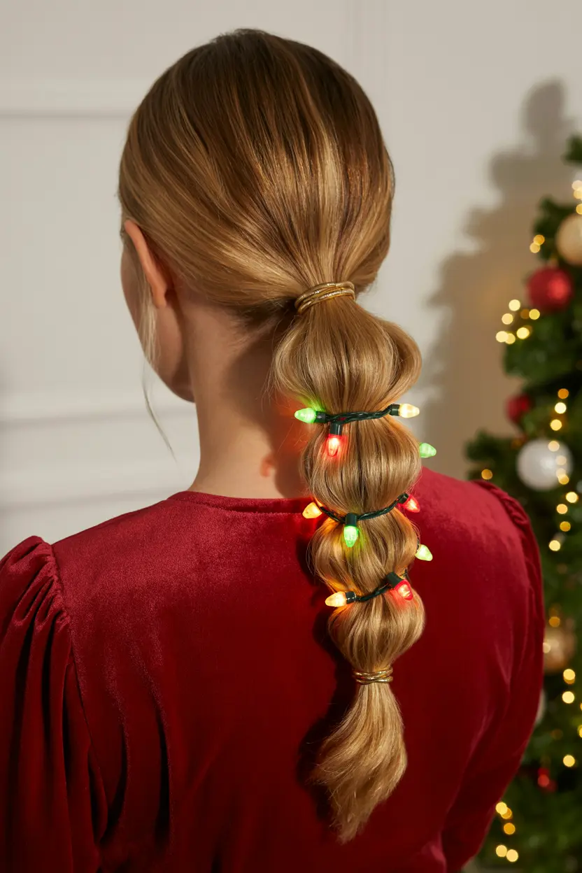 42.twisted ponytail with christmas light accessories