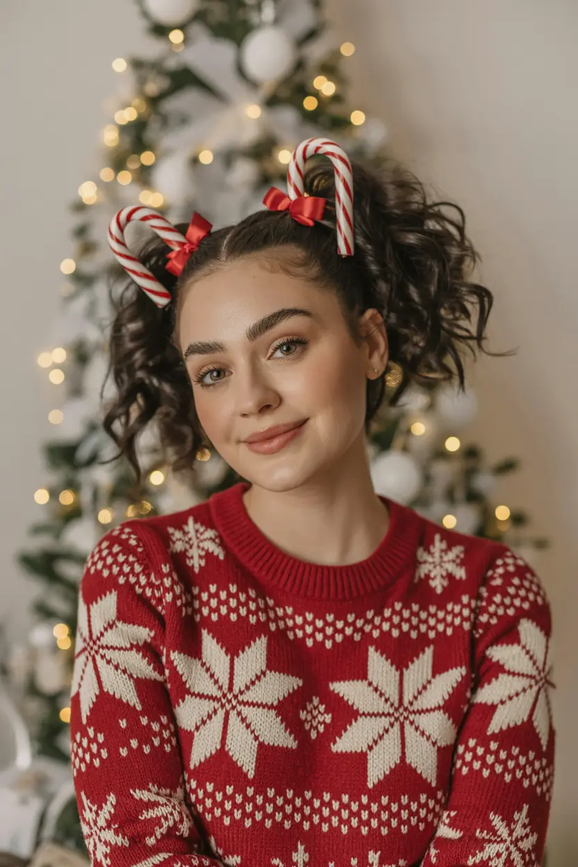 46.natural hair tied with candy cane ribbons