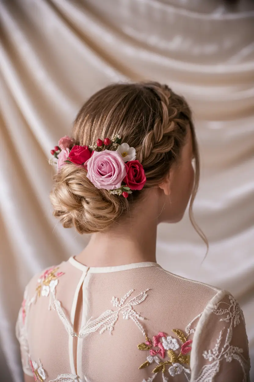 5.low bun with floral accents