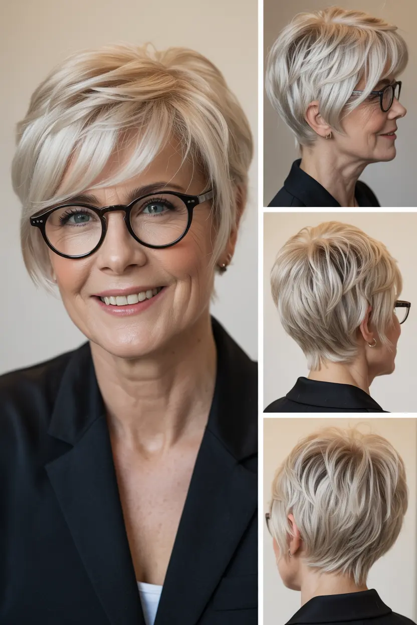 53. asymmetrical pixie with long side bangs and glasses