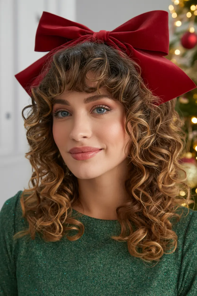 53.curly bangs with a velvet bow