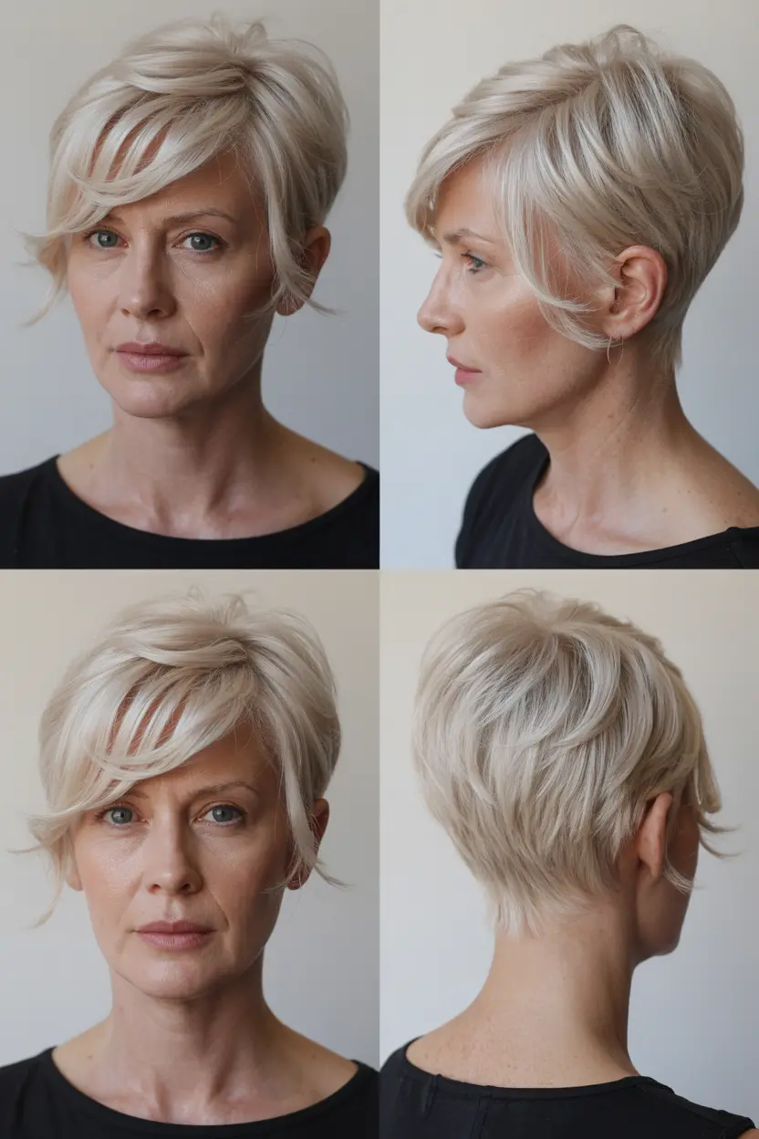54. short razor cut with side swept fringe