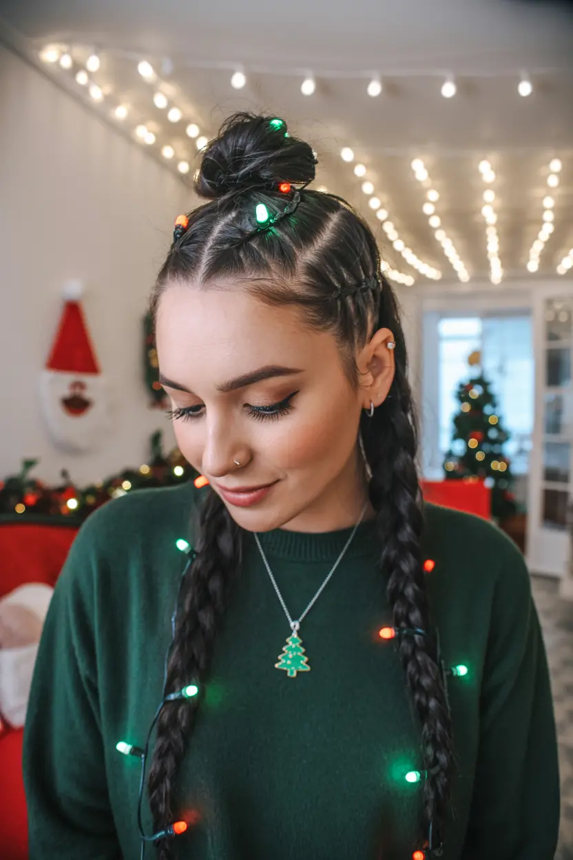 58.braided top knots with christmas lights