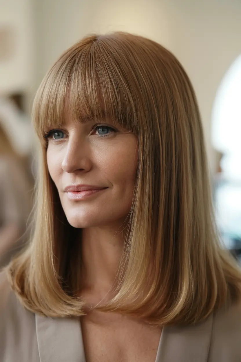58.medium to long blunt hair with bangs