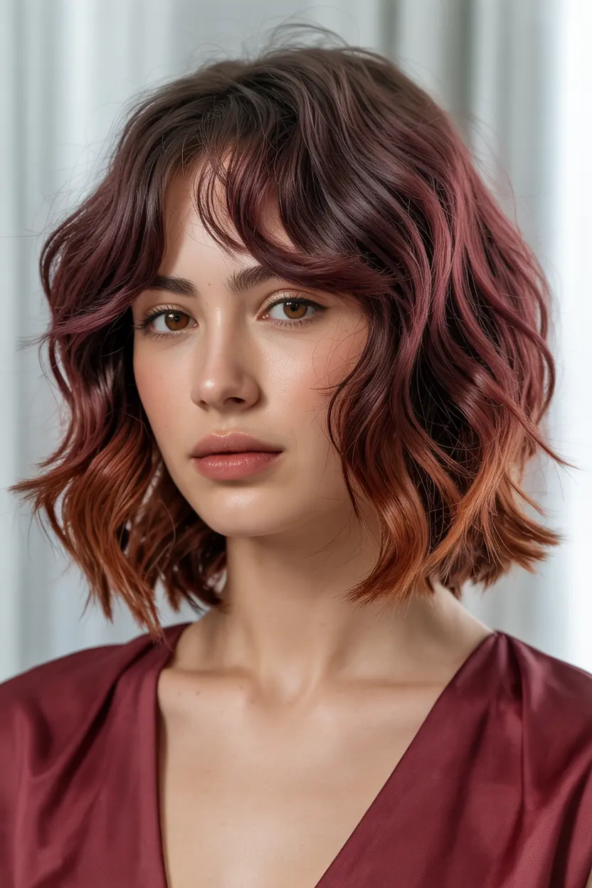 67.angled burgundy lob with tousled waves