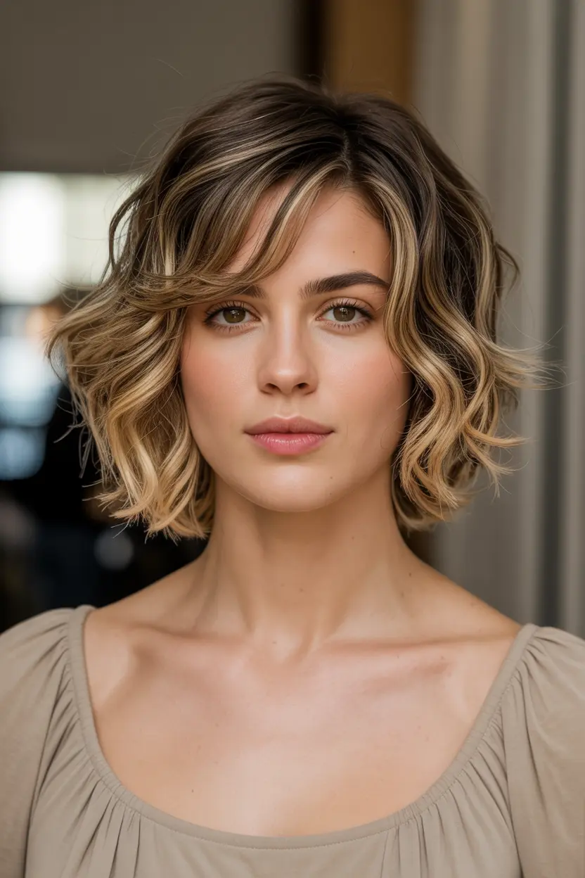 68.chestnut brown wavy textured bob