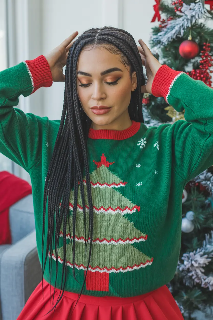 7. feed in braids styled into a christmas tree pattern