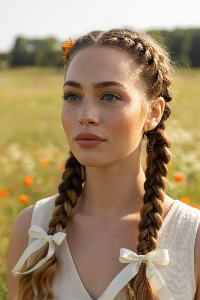 8. french braid pigtails with ribbons