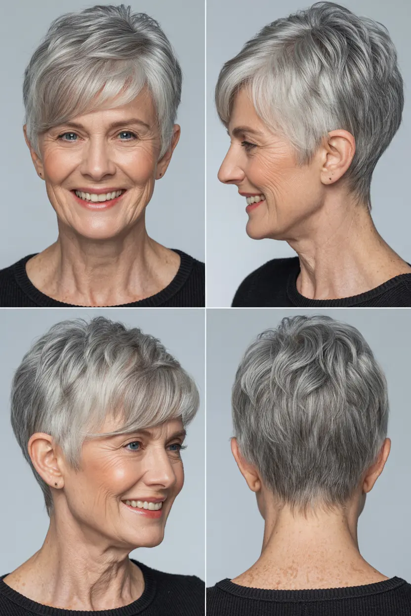 81. asymmetrical grayy pixie cut