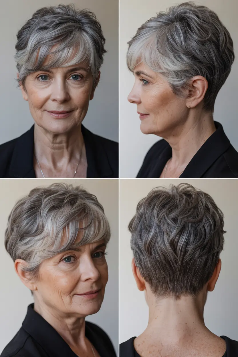 85. feathered gray pixie with side swept bangs
