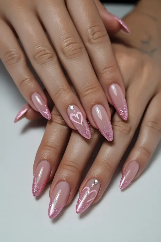12. Pink Heart Accent Nails