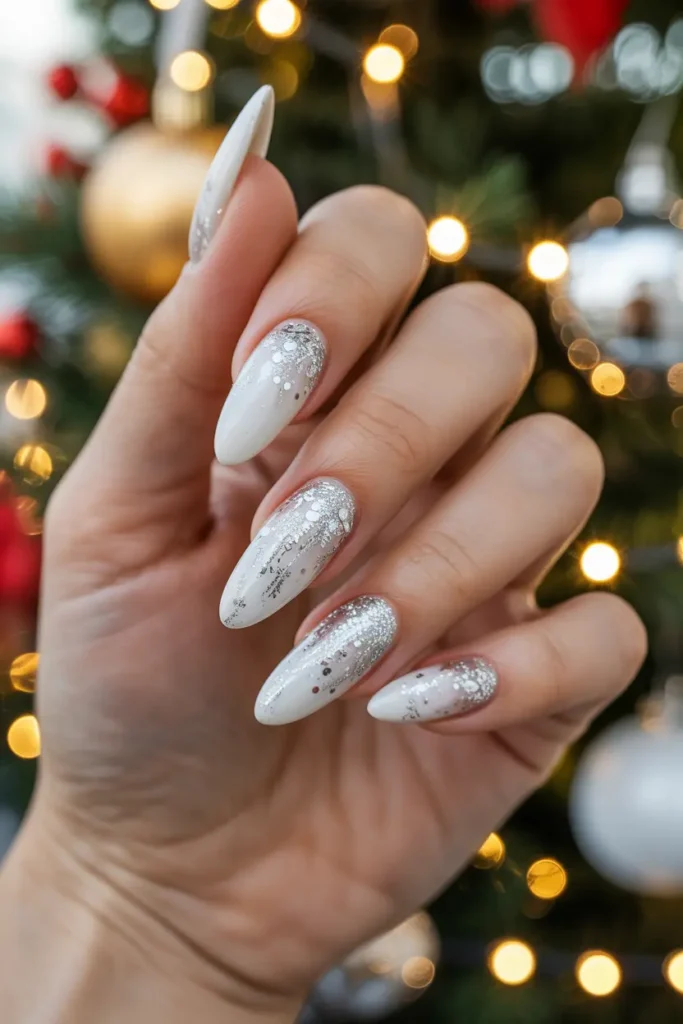 13. White and Silver Snowfall Nails