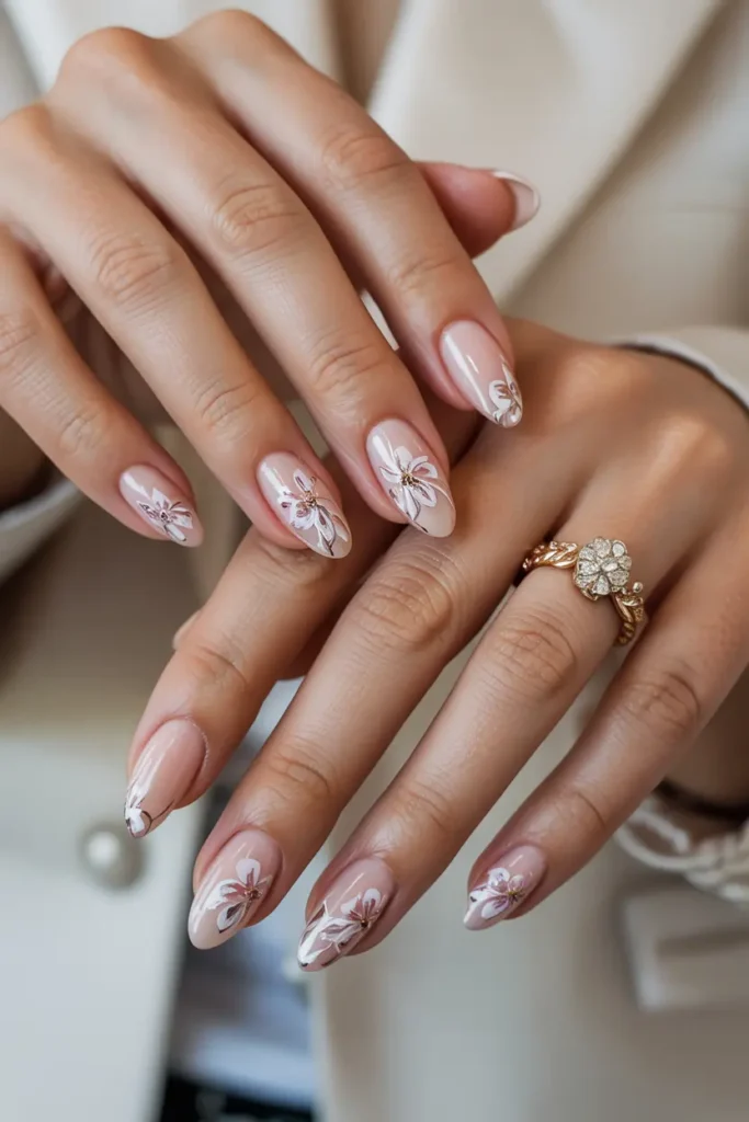 14. Floral Almond Nail Art
