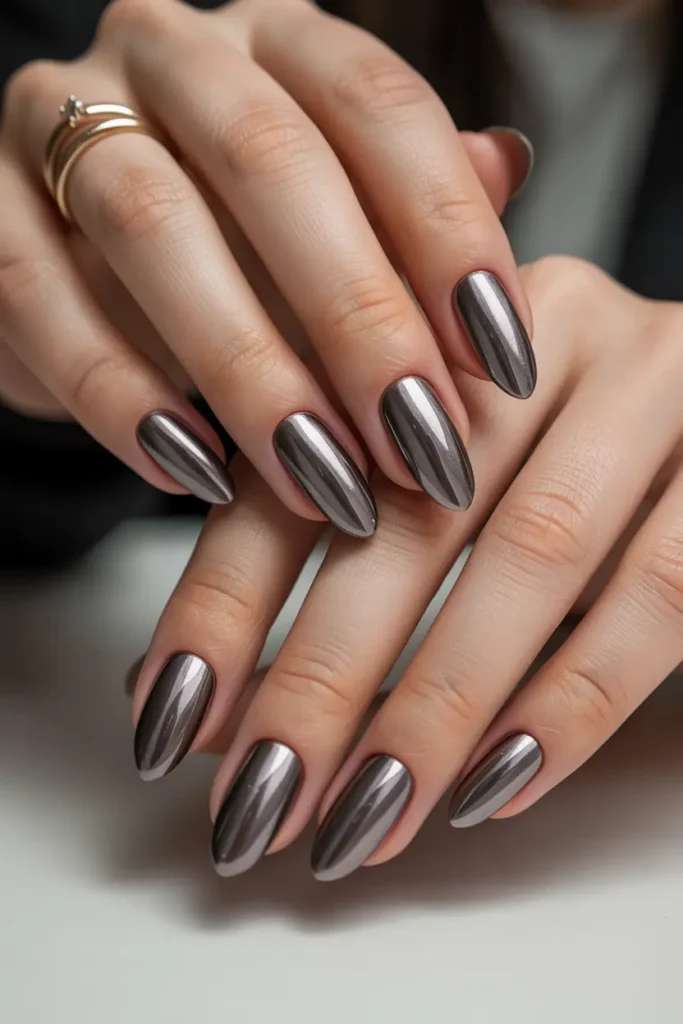 14. Gunmetal Grey Chrome Nails