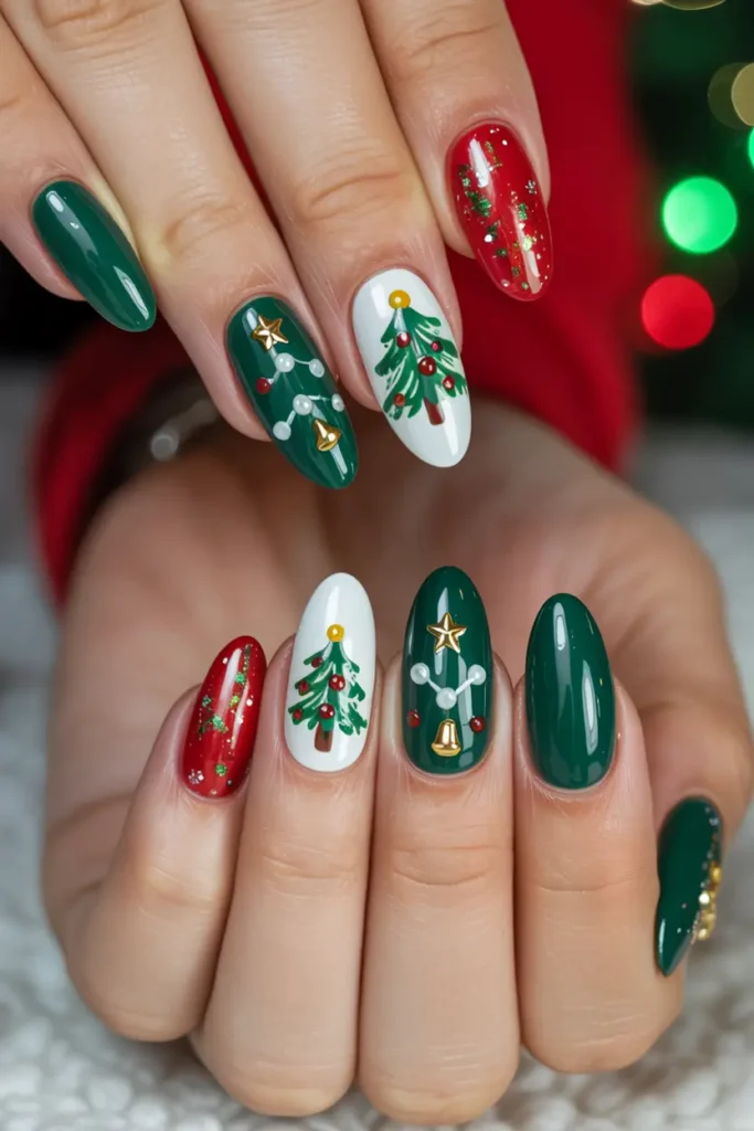 3. Glittery Christmas Tree Nails