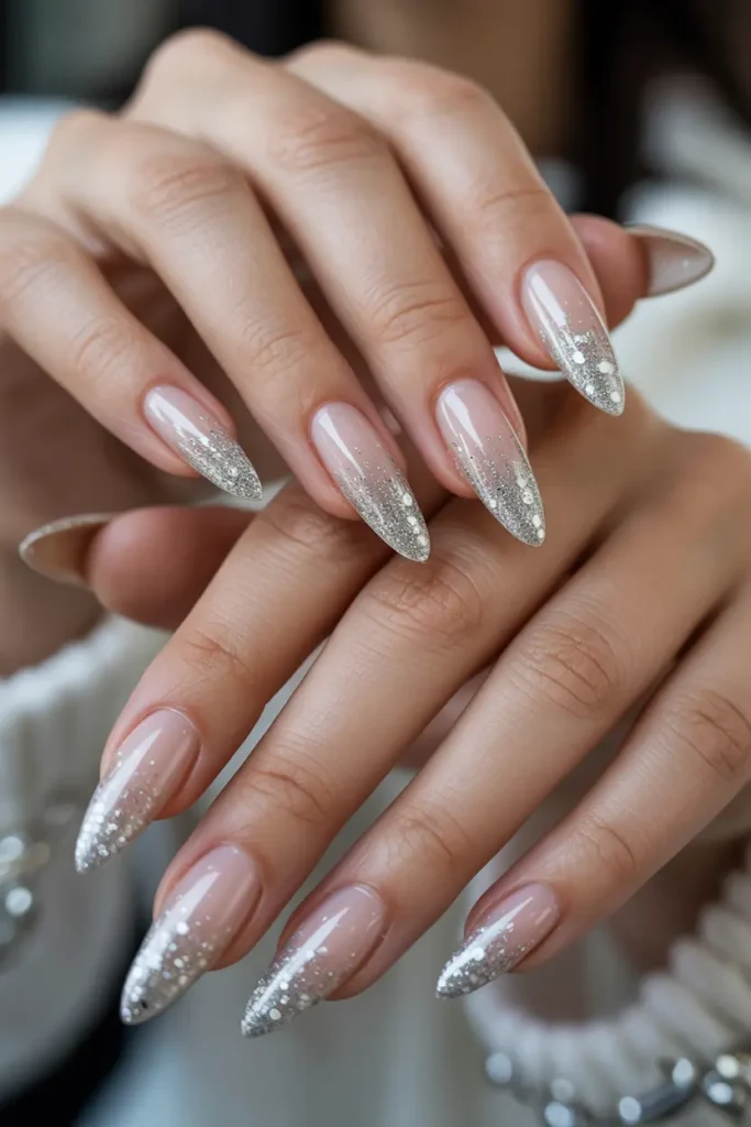 4. Glitter Snowfall Ombre Nails