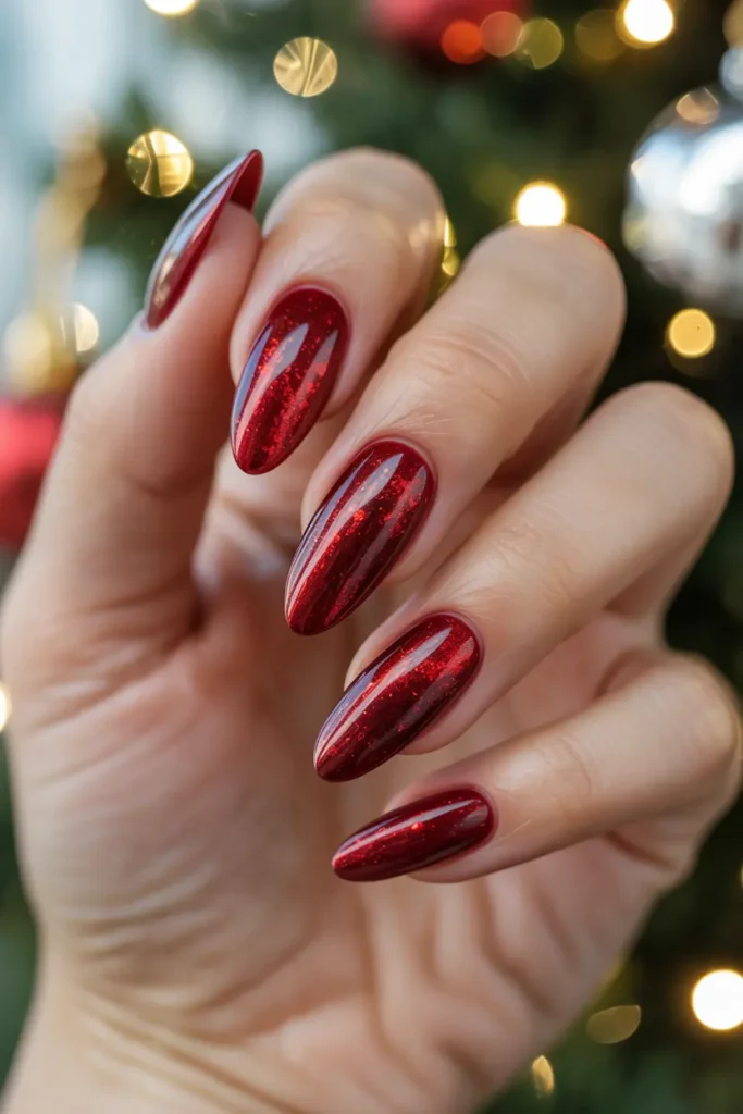 6. Velvet Red Cat Eye Christmas Nails