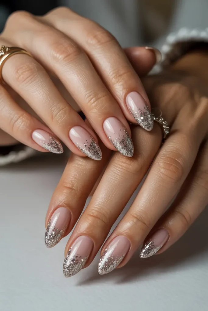 7. Glitter Ombre Almond Nails